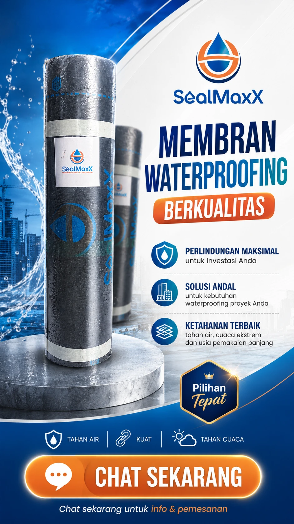 Material waterproofing membran bakar untuk proteksi bangunan - SealMaxx